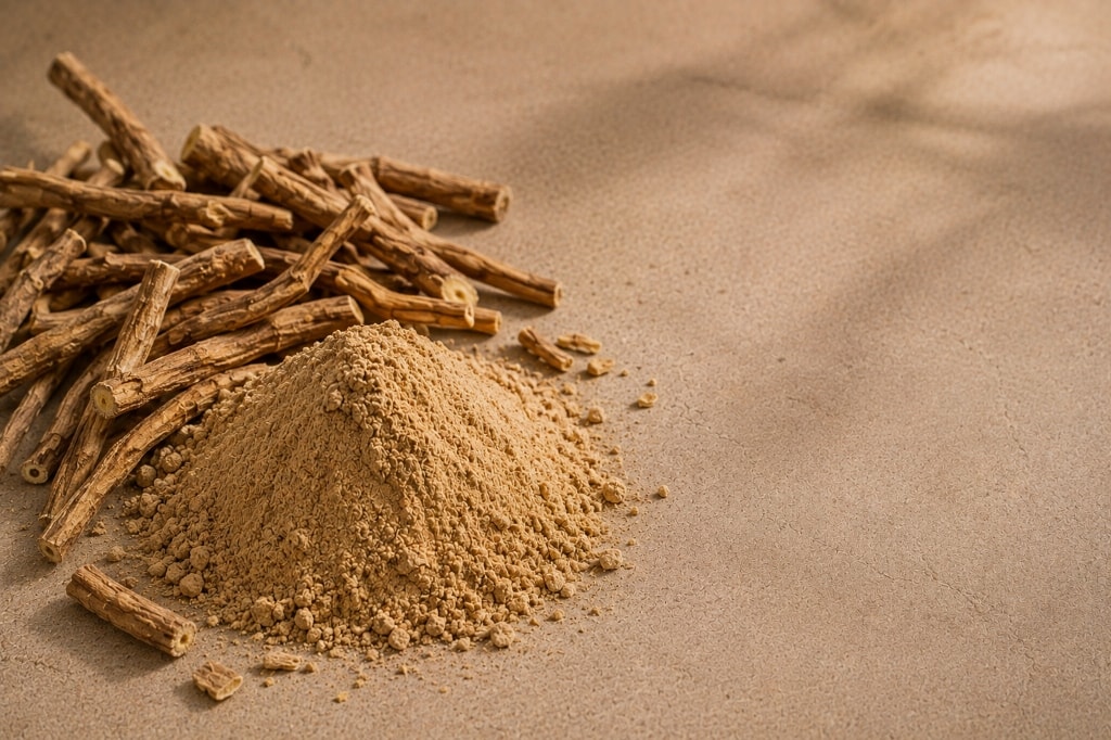 A mound of tan ashwagandha powder beside dried roots.
