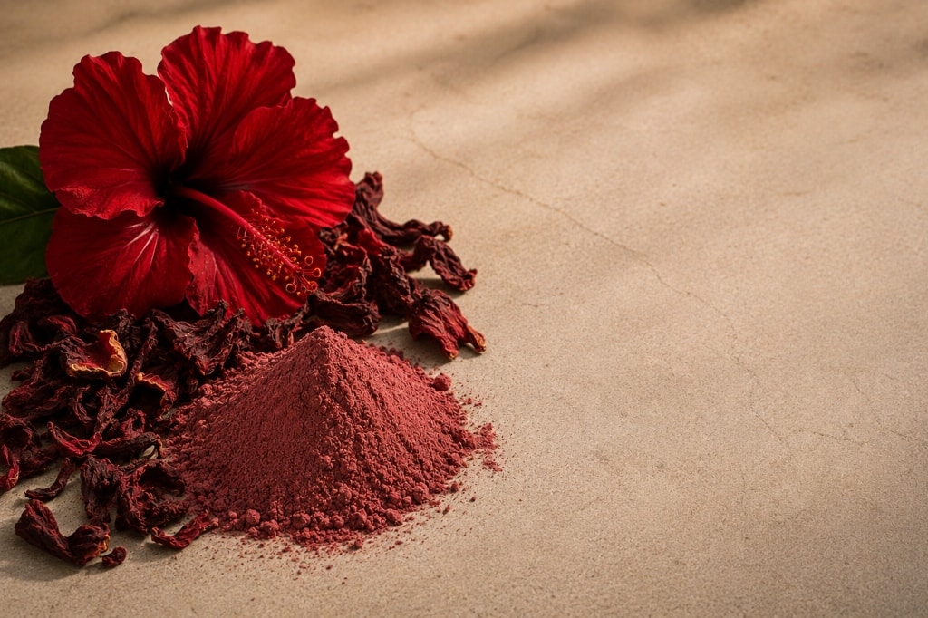 A mound of dusty rose hibiscus powder beside a fresh red flower.