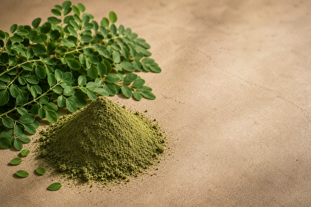 A mound of bright green moringa powder beside a spray of fresh leaves.