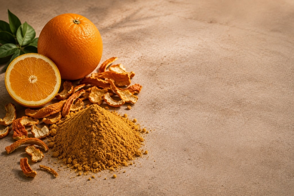 A mound of orange peel powder beside a whole orange.