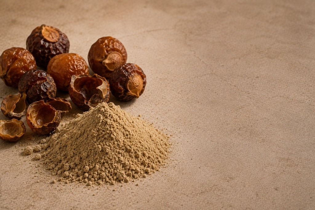 A mound of pale reetha powder beside soapnut shells.