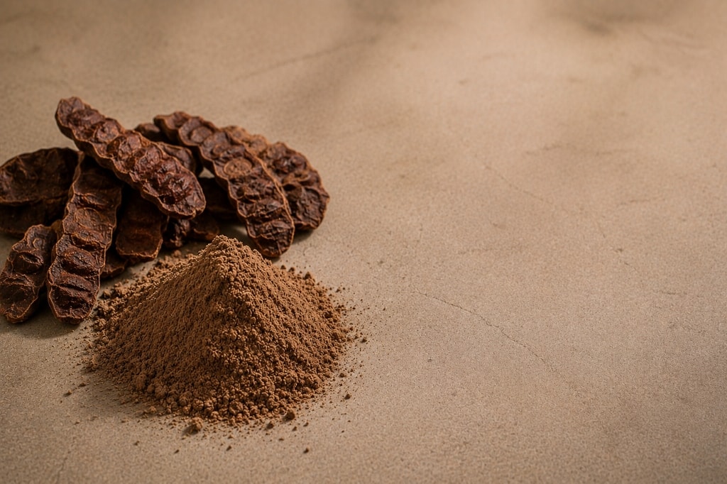 A mound of brown shikakai powder beside dried pods.